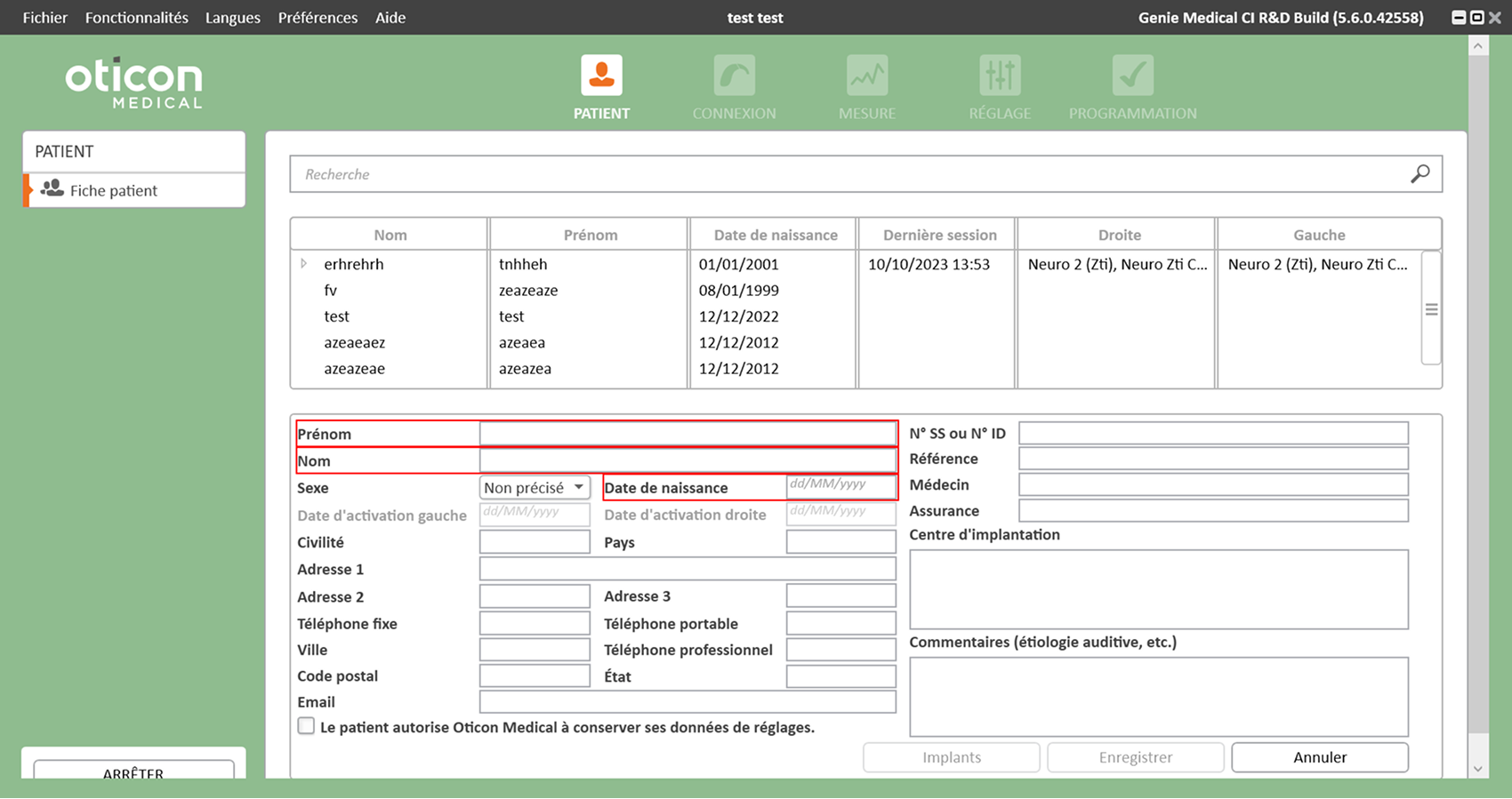 Ancienne interface de Genie Medical CI — liste réduite et formulaire patient dense sur le même écran
